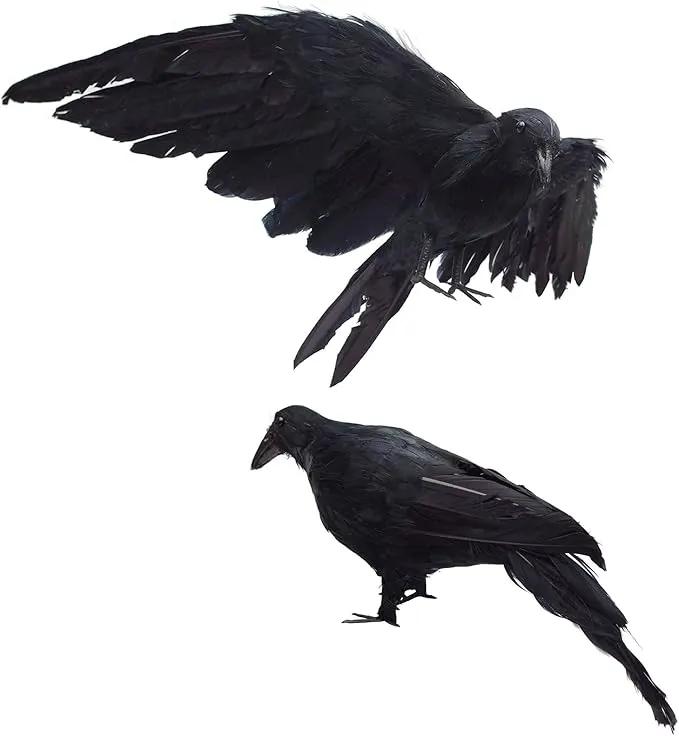 2-Pack Realistic Crows Lifesize Extra Large Handmade Black Feathered Crow for Halloween Decorations Birds, L (13 inch+12 inch) by GreenHaven Gardens