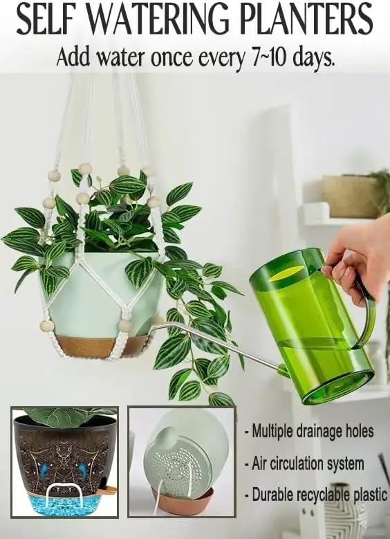 Self Watering Hanging Planters for Indoor Plants 3 Pack Macrame Plant Hangers with Drainage Holes Pots and Hooks for Home Garden Decor Green by GreenHaven Gardens