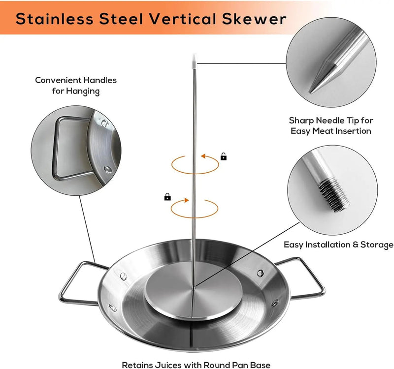Fengzhe Al Pastor Skewer for Grill: Extra Large 13" Stainless Steel Vertical Skewer, Brazilian Spit Stand with 4 Spikes, 2 Brushes, for Tacos Al Pastor, Shawarma, Kebabs, with Fat Separator Tray by GreenHaven Gardens
