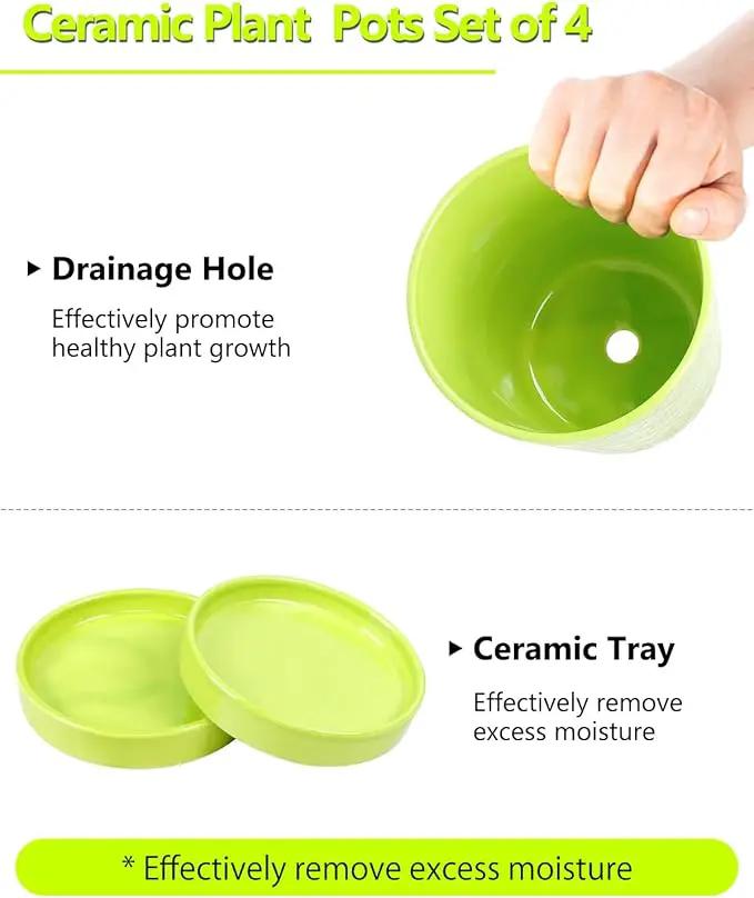 EFISPSS 5 Inch Ceramic Plant Pots Indoor, Planters with Drainage Holes and Ceramic Tray, Relief Design Flower Planter，Desktop Office Windowsill Decoration Gift Set of 4 - Green by GreenHaven Gardens