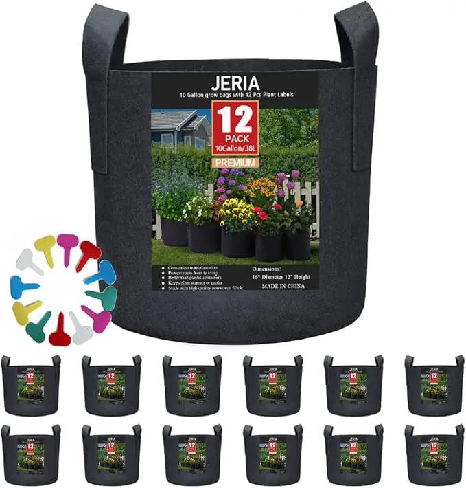 JERIA 12-Pack 10 Gallon, Vegetable/Flower/Plant Grow Bags, Aeration Fabric Pots with Handles (Black), Come with 12 Pcs Plant Labels by GreenHaven Gardens