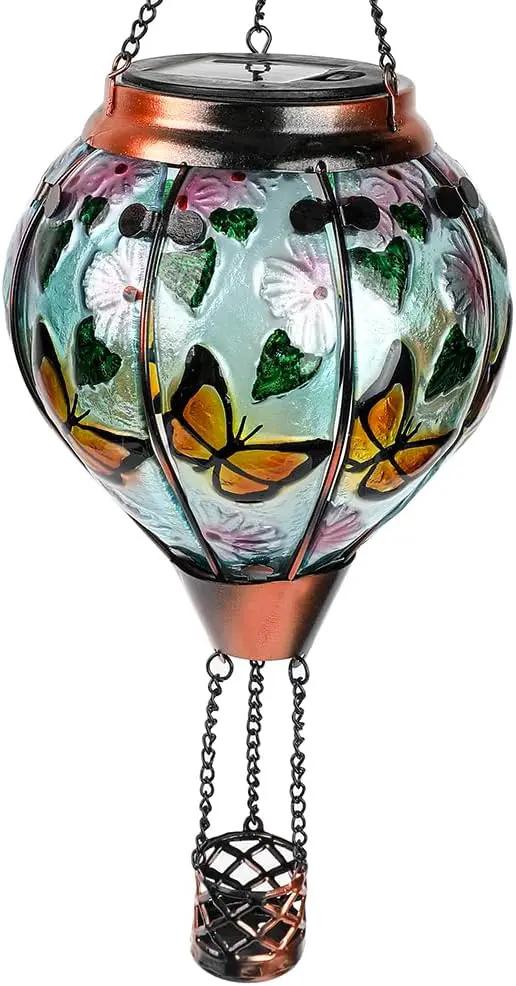 Hot Air Balloon Solar Lantern with Flickering Flame, Glass Hanging Garden Lights Outdoor Waterproof for Tree Yard Patio Mother's Day Gift, 18" H Butterfly by GreenHaven Gardens