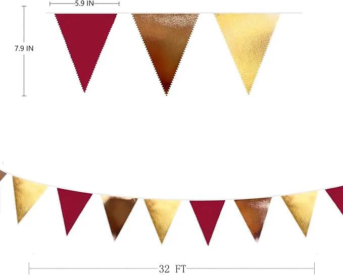 Fall Party Decorations Maroon Gold Brown Metallic Fabric Triangle Pennant Banner Burgundy Flag Bunting Garland for Autumn Thanksgiving Wedding Birthday Bridal Shower Engagement Graduation Garnet Party by GreenHaven Gardens