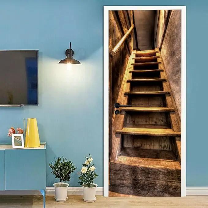 3D Door Wallpaper Self-Adhesive Door Sticker - Wooden Stairs - Door Film Poster Premium PVC Waterproof Wall Sticker for Bedroom Living Room Door Decoration Wallpaper 88 x 200 cm by GreenHaven Gardens