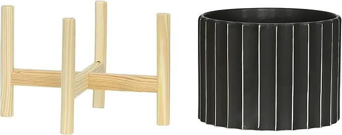 Sagebrook Home 8" Ceramic Planter - Black Planter Elevated on Wooden Stand with Fluted Design - for Indoor or Outdoor Plants, Great Gift Idea for Plant Lovers by GreenHaven Gardens