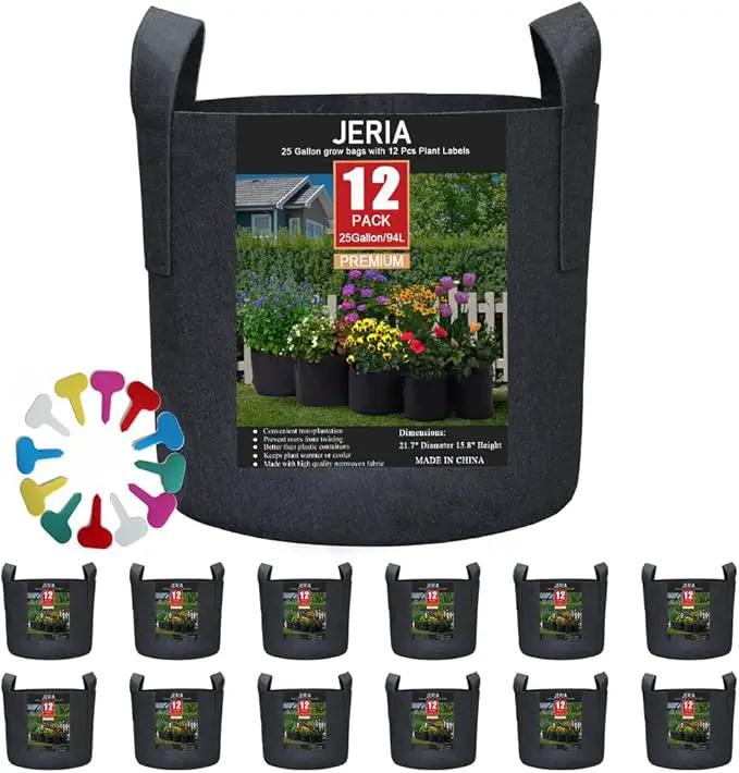 JERIA 12-Pack 25 Gallon, Vegetable/Flower/Plant Grow Bags, Aeration Fabric Pots with Handles (Black), Come with 12 Pcs Plant Labels by GreenHaven Gardens