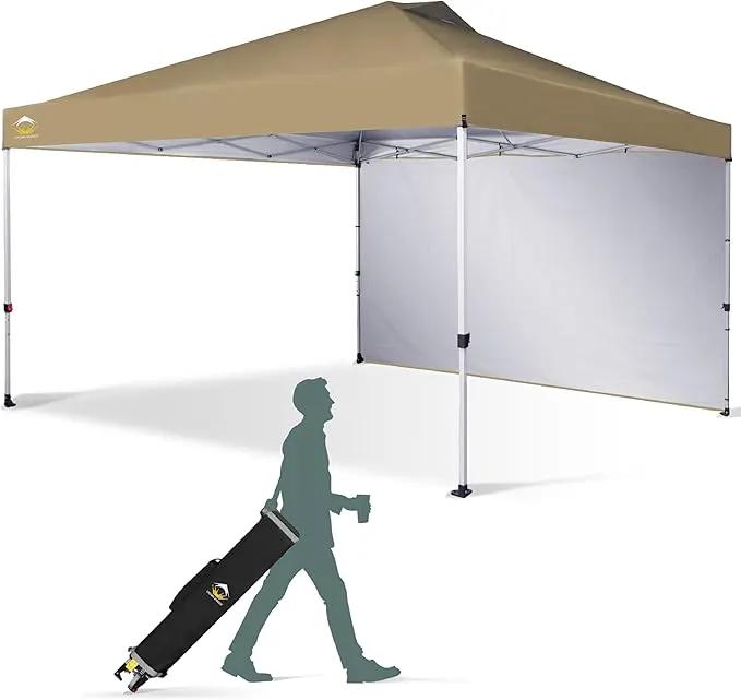 CROWN SHADES 12x12 Pop Up Canopy Tent Instant Commercial with 150D Silver Coated Fabric Including 1 Removable Sidewall, 4 Ropes, 8 Stakes, Weight Bags, STO 'N Go Bag, Beige by GreenHaven Gardens