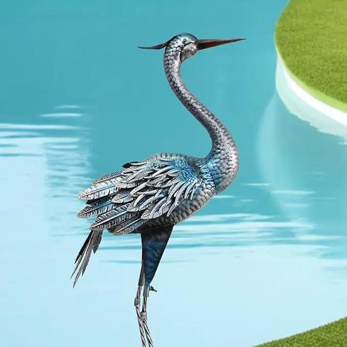Crane Garden Decor Statue, Blue Heron Garden Statue Metal Yard Art Outdoor Decoy, Garden Sculptures & Statues for Yard/Garden/Lawn/Pond/Outdoor Decoration, 1Pc by GreenHaven Gardens