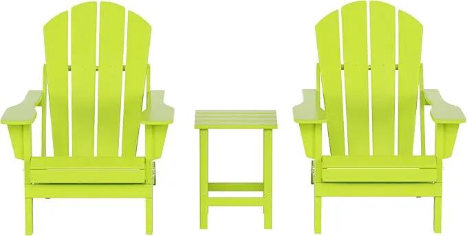 WO Home Furniture Adirondack Chairs Table Set of 3 PCS Outdoor Folding Chairs Side End Table Weather/UV Resistant for Lawn, Garden, Bon Fire, Balcony (Lime) by GreenHaven Gardens