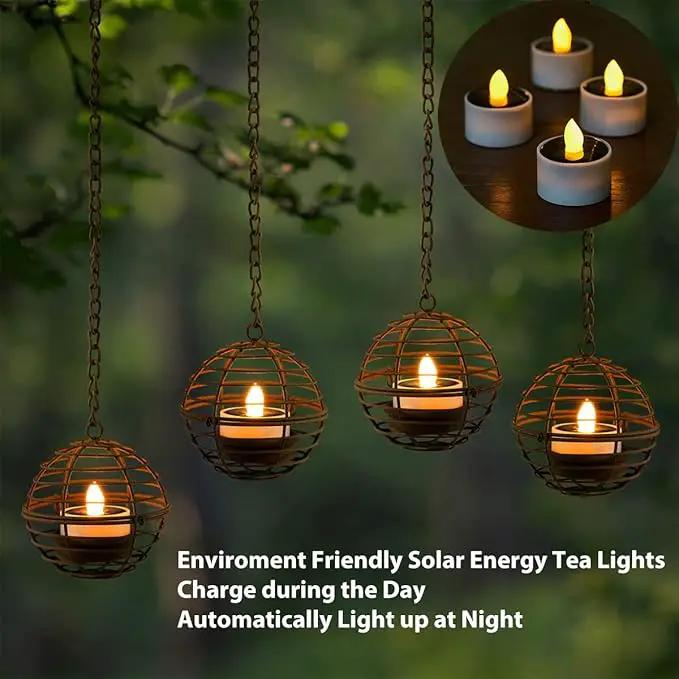 Solar Hanging Lanterns Outdoor Waterproof, Rust Iron Ball Candle Holder with Flickering Solar Powered Tea Lights, Perfect Chargeable Solar Lights for Backyard Patio Garden Fence Tree Decoration-4Pack by GreenHaven Gardens