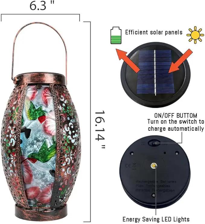 2PCS Hummingbird Solar Lanterns Glass & Metal Hanging Light Outdoor Waterproof 16" H Tabletop Lamp with Hollowed-Out Design with Shepherd's Hooks for Garden Patio Table Decor by GreenHaven Gardens