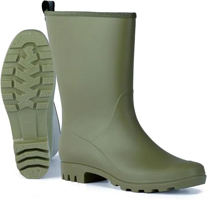 Mid Calf Rain Boots Women Waterproof PVC Womens Rubber Rain Boot Seamless Rain Footwear Outdoor Garden Work Walking