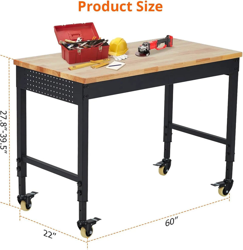 60'' Adjustable Workbench, Heavy Duty Workbench with Power Outlet and Lockable Wheels, 2000 LBS Capacity, Work Table Suitable for Office, Garage, Workshop by GreenHaven Gardens