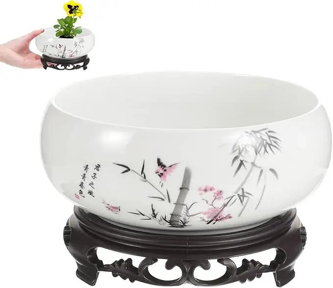 Ceramic Chinese Pot with Base Hydroponic Pot White Water Lily Bowl Ceramic Planter for Home Office Garden 7 Inch by GreenHaven Gardens