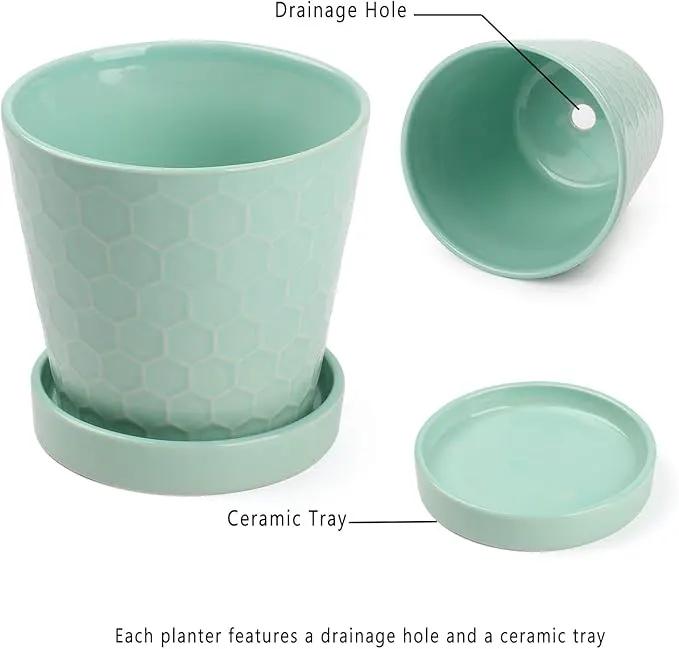 Plant Pots Indoor –5 in Ceramic Flower Pot with Drainage Hole and Ceramic Tray - Gardening Home Desktop Office Windowsill Decoration Gift, Set of 4 - Plants Not Included(Mint Green) by GreenHaven Gardens
