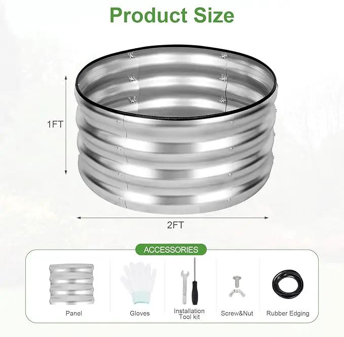 Galvanized Raised Garden Bed- 2Pcs 2x2x1FT Metal Planter Boxes Outdoor | Round Steel Raised Bed Kit & Fire Pit Ring for Gardening with Protective Tape, Gloves for Vegetables, Flower (Sliver) by GreenHaven Gardens