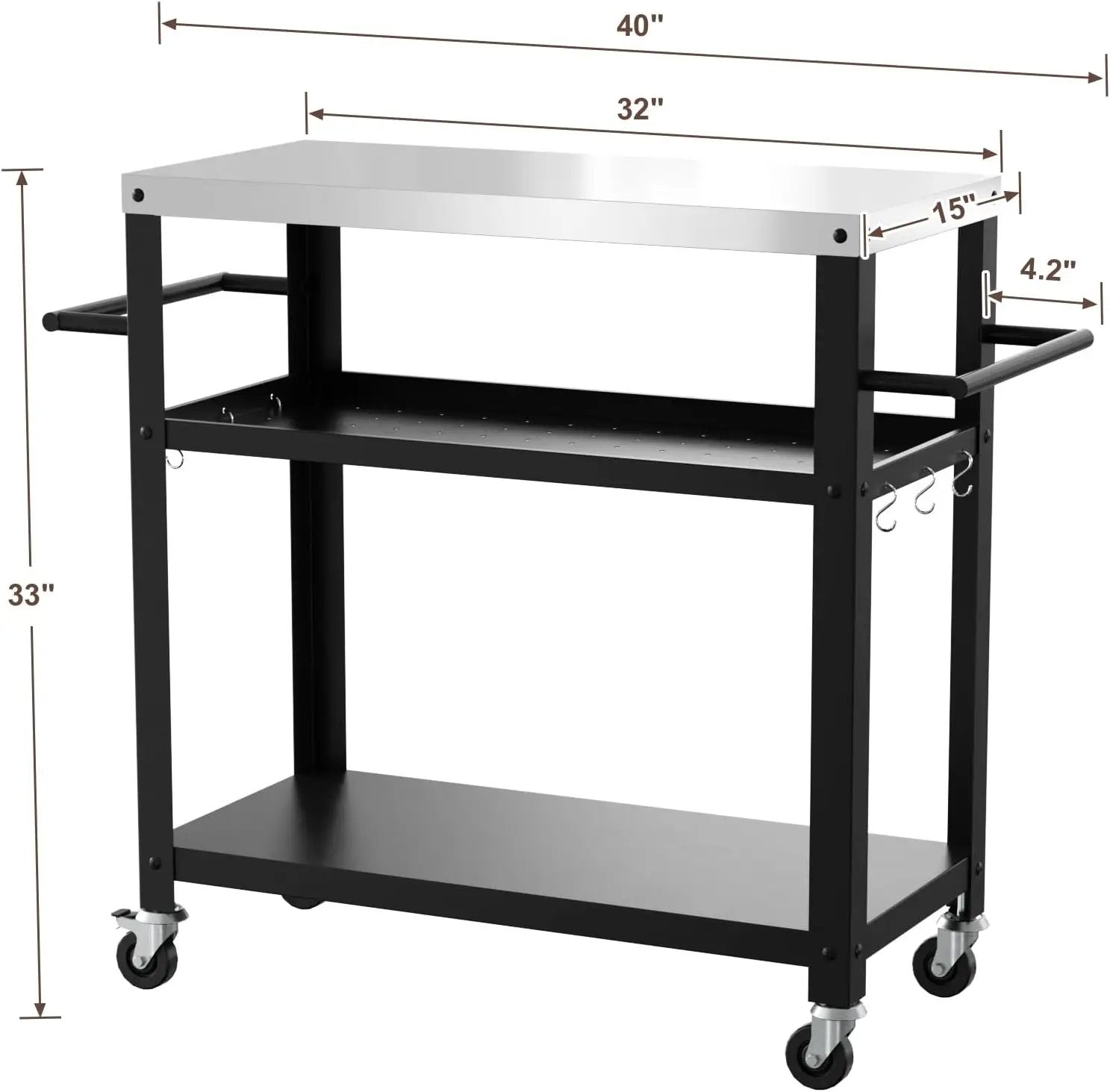 Outdoor Grill Cart with Three-Shelf, Stainless Steel Pizza Oven Table for Outside, Dining Kitchen Cart with Two Side Handle, Garden Patio BBQ Kitchen Food Prep Table Cart (Black) by GreenHaven Gardens