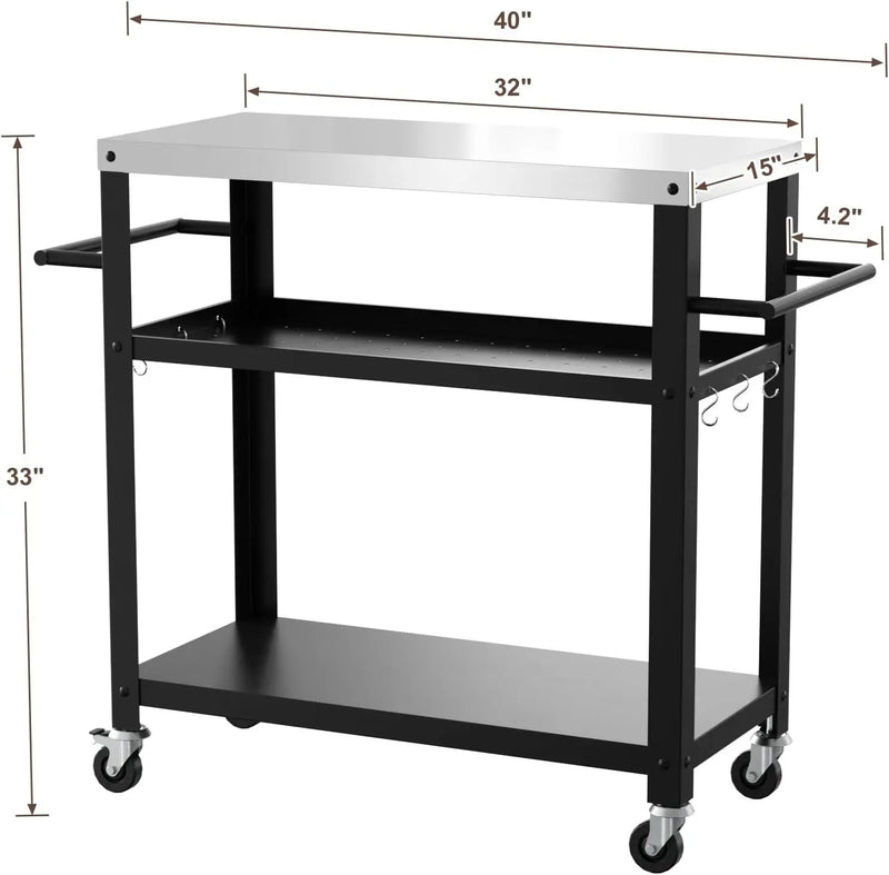 Outdoor Grill Cart with Three-Shelf, Stainless Steel Pizza Oven Table for Outside, Dining Kitchen Cart with Two Side Handle, Garden Patio BBQ Kitchen Food Prep Table Cart (Black) by GreenHaven Gardens