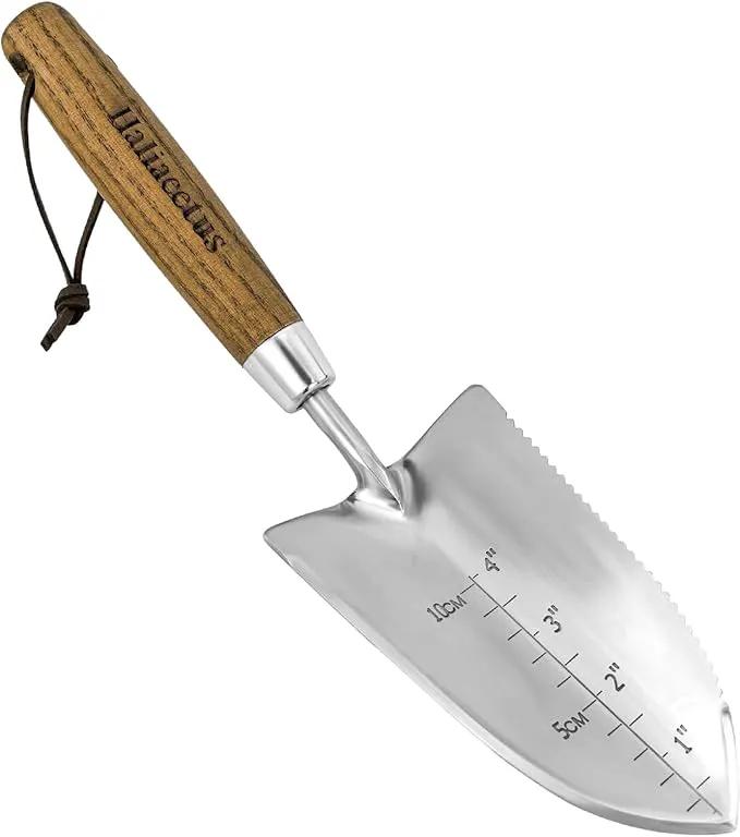 Haliaeetus Garden Trowel with Serrated Edge, 4'' Depth Marks Planting Shovel, V-Shaped Sharp Edge Garden Shovel, Stainless Steel Hand Shovel with Comfortable Wood Handle for Planting and Weeding by GreenHaven Gardens