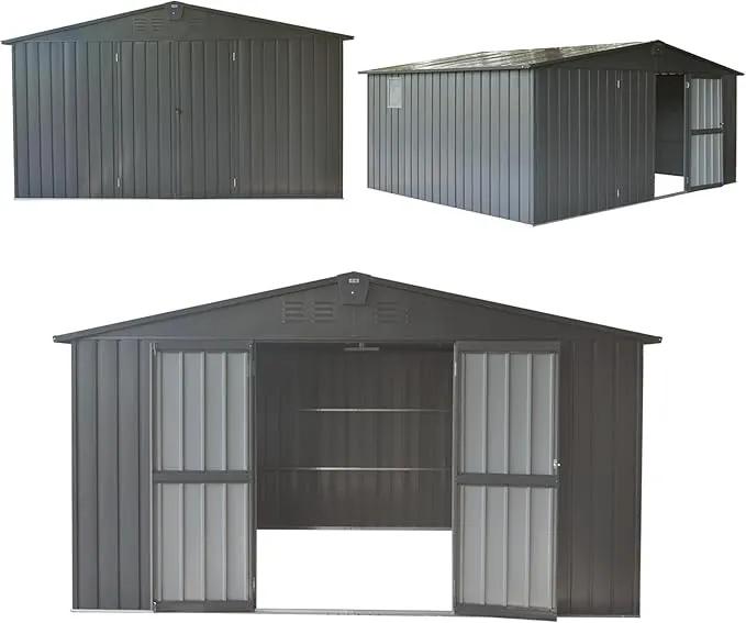 Domi Outdoor Storage Shed 11' x 12.5', Metal Sheds Steel Utility Tool Storage House with Double Lockable Doors & Air Vents for Patio Garden Lawn Backyard, Dark Gray by GreenHaven Gardens