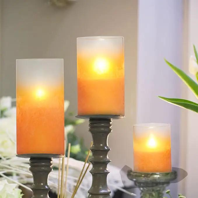 Orange Flameless Candles - Battery Operated Candles with Remote Orange Glass Sandblasted Design Wax Unscented - Centerpieces for Dinner Table Tray House Warming Thanksgiving Gifts by GreenHaven Gardens