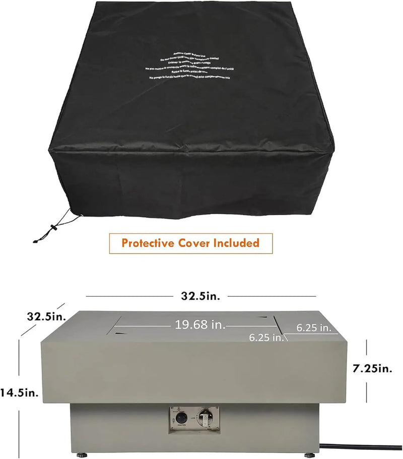 32.5-inch Outdoor Gas Fire Pit with 20lb Propane Tank Cover Table, 50,000BTU Propane Gas Fire Pits for Outside Patio w/Square Burner Lid, Glass Rocks, Pre-Attached 10ft External Gas Hose by GreenHaven Gardens