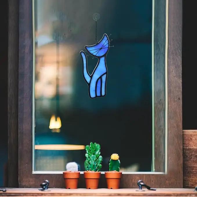 Cat Decor Stained Glass Window Hangings,Blue Cat Suncatcher for Window Cat Ornament Home Decor,Cat Themed Gifts for Women Cat Lovers Gifts,Great for Livingroom Bedroom by GreenHaven Gardens
