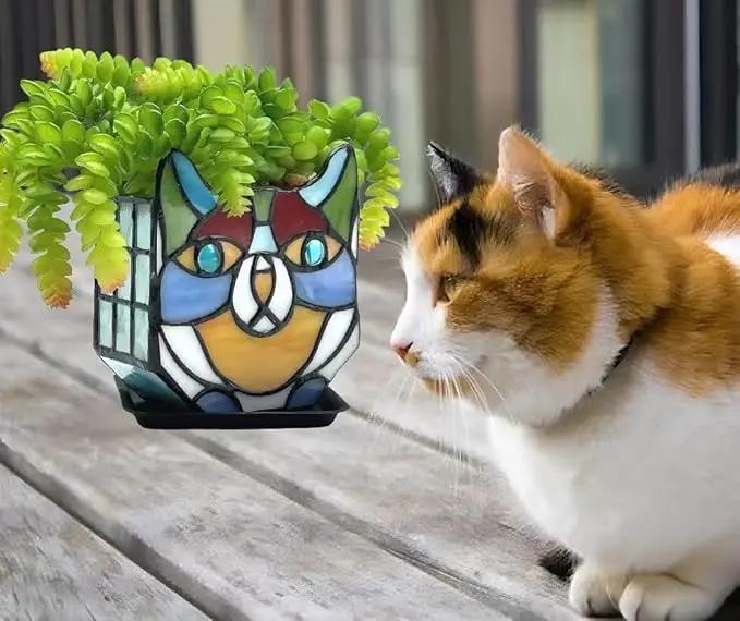 Tiffany Stained Glass Cat Planter,Indoor and Outdoor Plant Displays,Succulent Cat Pot,Plant Gifts for Women,4.6x5.15x2.3 in (Without Succulents) by GreenHaven Gardens