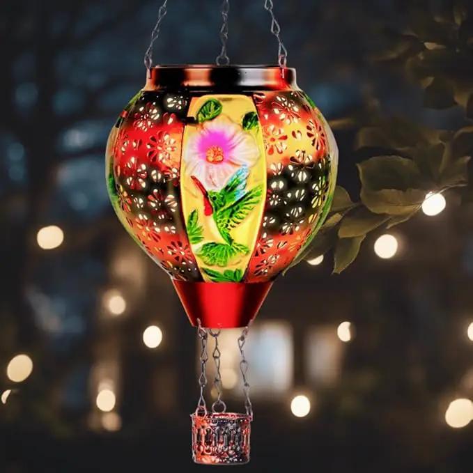 Hummingbird Solar Hot Air Balloon Lantern with Flame, Hot Air Balloon Decorations for Garden Yard Porch Decor, Glass Large Hanging Outdoor Decor, Solar Lantern Waterproof, Hummingbird Gardening Gifts by GreenHaven Gardens