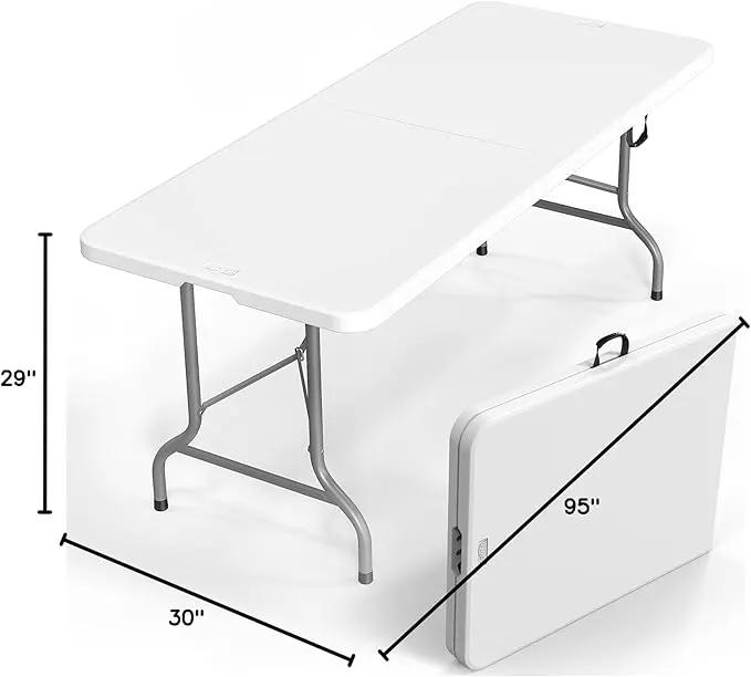 VINGLI 8 Foot Plastic Folding Table Portable Long Table for Indoor Outdoor Use Rectangular with Carrying Handle，White by GreenHaven Gardens