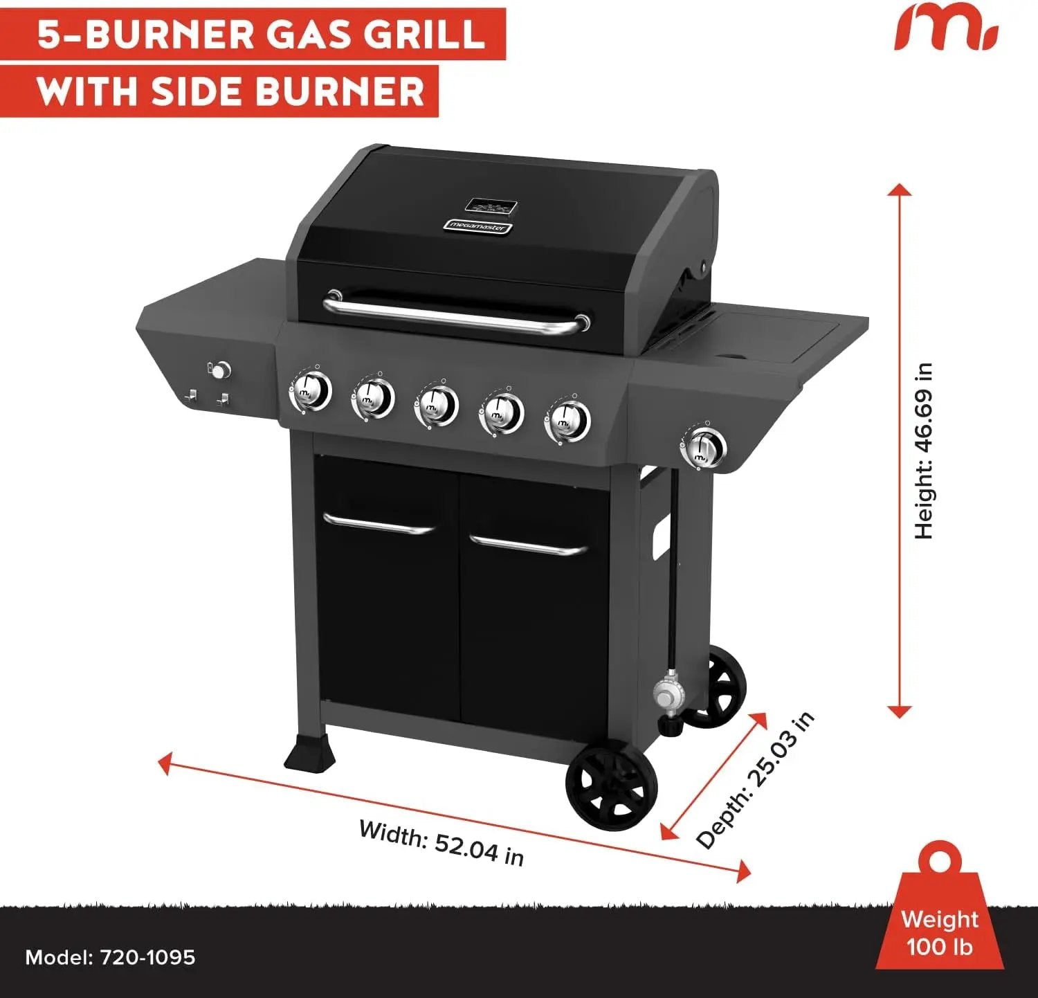 5-Burner Gas Grill with Side Burner, 66,000 BTUs, 753 SQ. In. Cooking Area, 2 Wheel Transport, Propane BBQ Grill with for Outdoor Cooking, Patios, and More - 720-1095 by GreenHaven Gardens