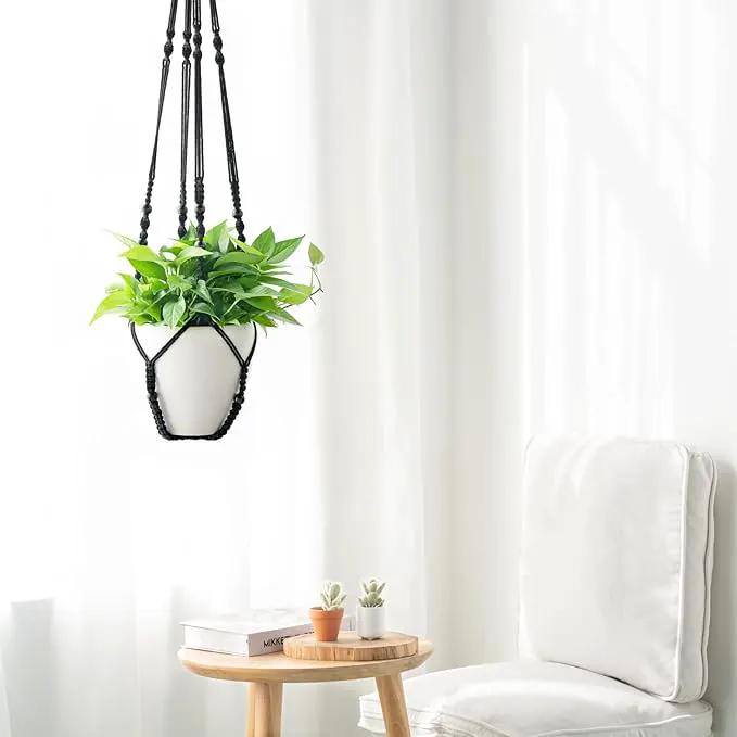 Mkono 43 Inch Macrame Plant Hanger Large for up to 12 Inch Pot Extra Long Hanging Plant Holder No Tassels Hanging Planter Basket with Wood Beads for Indoor Outdoor Boho Home Decor, Black by GreenHaven Gardens