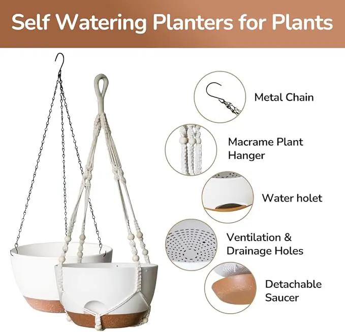 12 Inch Hanging Baskets for Plants Outdoor, Hanging Planters for Indoor Outdoor Plants, Hanging Planter with Self Watering, Hanging Flower Pots (White Planter with Macrame + Iron Hangers) by GreenHaven Gardens