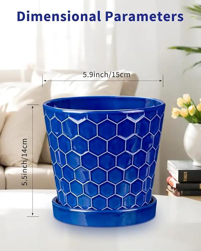 EFISPSS 6 Inch Pots for Indoor Plants,Ceramic Plant Pots,Planters with Drainage Hole and Saucer, Flower Pots Desktop Office Windowsill Decoration Gift Set of 2 - Sapphire Blue by GreenHaven Gardens