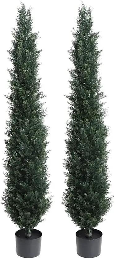 momoplant Artificial Topiary Cedar Tree Outdoor Uv Resistant, 5.5 Ft Faux Cypress Toparies Trees 67 Inch Fake Plant【2 Pack】 with Black Pot by GreenHaven Gardens