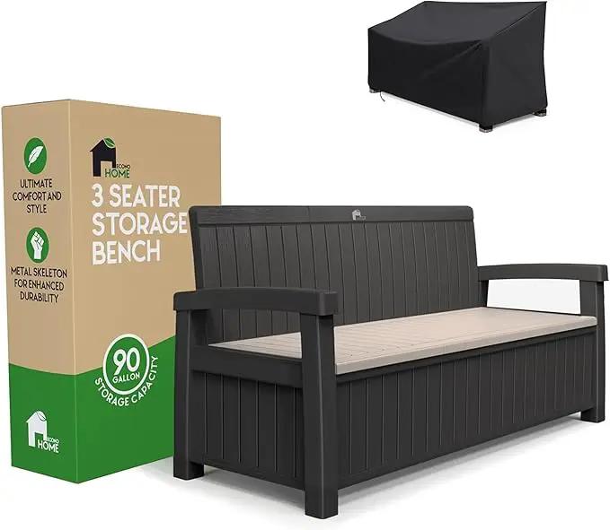 EconoHome 3 Seat Outdoor Storage Bench with Rain Cover - 90 Gallon Capacity - Weatherproof Resin Bench for Patio, Porch, Garden, Yard, Pool Area - Furniture for Pool Accessories, Gardening Tools by GreenHaven Gardens