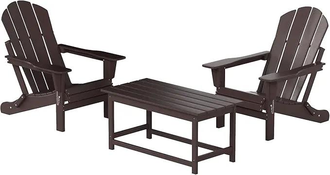 WO Home Furniture Adirondack Chairs Table Set of 3 PCS Outdoor Folding Chairs Coffee Table Weather/UV Resistant for Lawn, Garden, Bon Fire, Balcony (Dark Brown) by GreenHaven Gardens