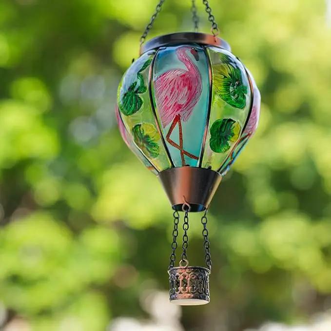 Starsoul Flamingo Hot Air Balloon Solar Lantern Solar Hot Air Balloon Flickering Flame Hanging Garden Light Metal & Glass Waterproof Lanterns for Yard Patio Farmhouse Decoration by GreenHaven Gardens
