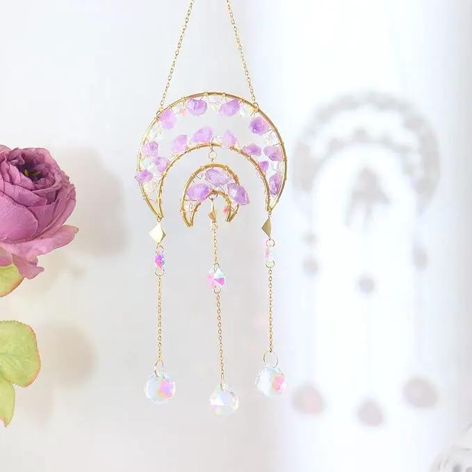 Amethyst Crystals Suncatcher - Hanging Moon Sun Catcher with Glass Prisms for Windows, Healing Amethyst Crystal Decor for Home, Gift for Christmas Birthday Valentine Mothers Day by GreenHaven Gardens
