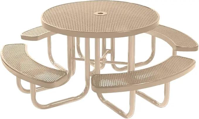 Heavy-Duty Portable Outdoor Picnic Table with Umbrella Hole, Punched Steel Commercial-Grade Patio Furniture Made in America (46" Round Top, Tan with Tan Frames) by GreenHaven Gardens