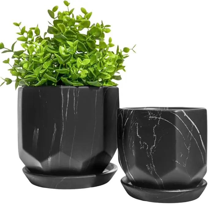 Black Plant Pot with Drainage Holes and Saucers, Ceramic Pots for Indoor Outdoor Plants, 4 & 5 Inch Premium Hand Glazed Sustainable Planters for Flower, Garden, Succulent, Nursery, Home Decor by GreenHaven Gardens