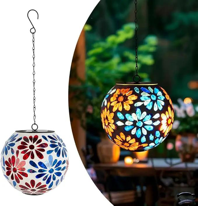 Solar Lanterns Outdoor Waterproof, Hanging Mosaic Flower Solar Lantern with Hook, Hanging Gazing Ball Globe Lantern for Garden Patio Yard Decor by GreenHaven Gardens