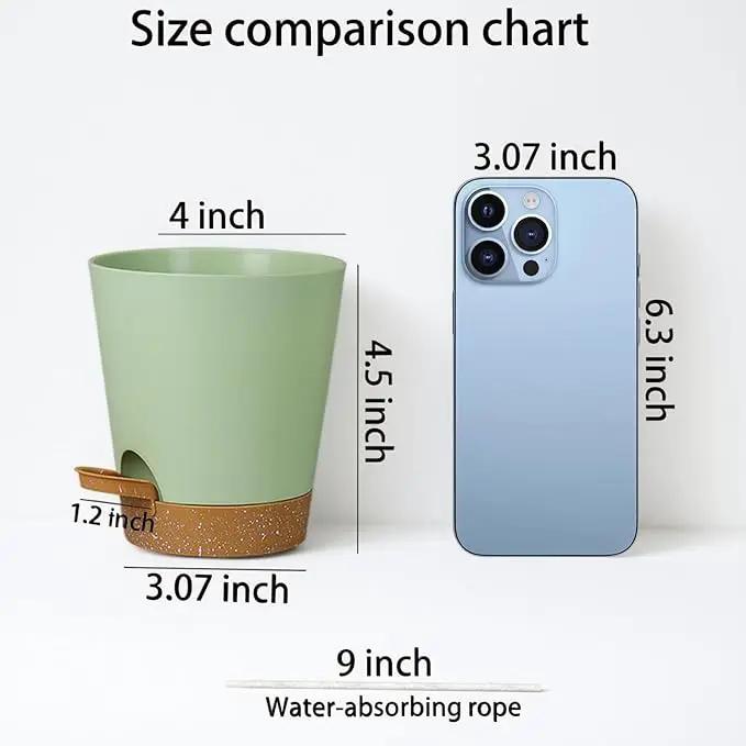 12 Pack 4 Inch Self Watering Plant Pots with Drainage and Saucers，Plastic Flower Pots for Indoor and Outdoor Plants, Nursery Planters for Houseplants and Herbs Green Brown, 4 inch 12pcs by GreenHaven Gardens