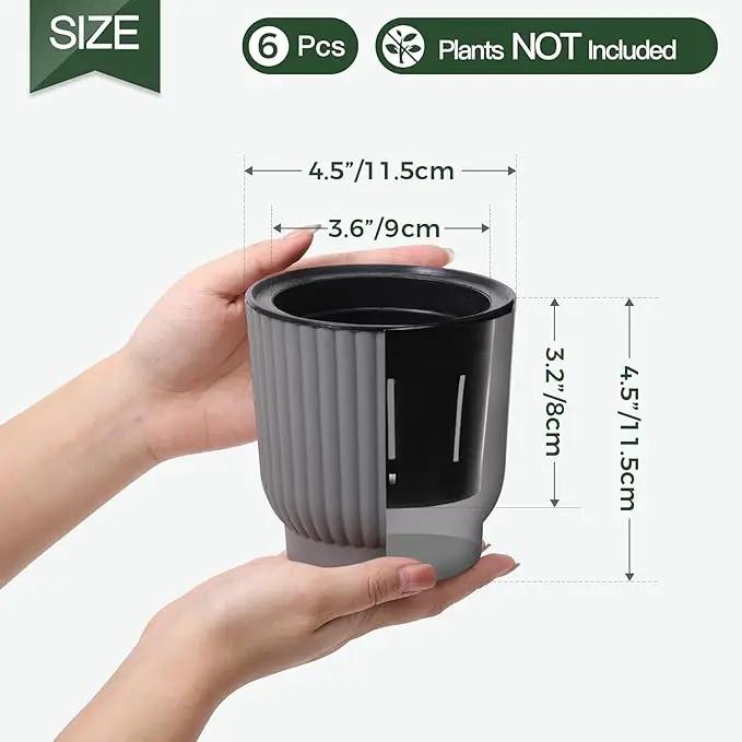 T4U 4.5 Inch Self Watering Pots for Indoor Plants, 6 Pack Gray Plastic Flower Pots for All House Plants, Flowers, African Violets by GreenHaven Gardens