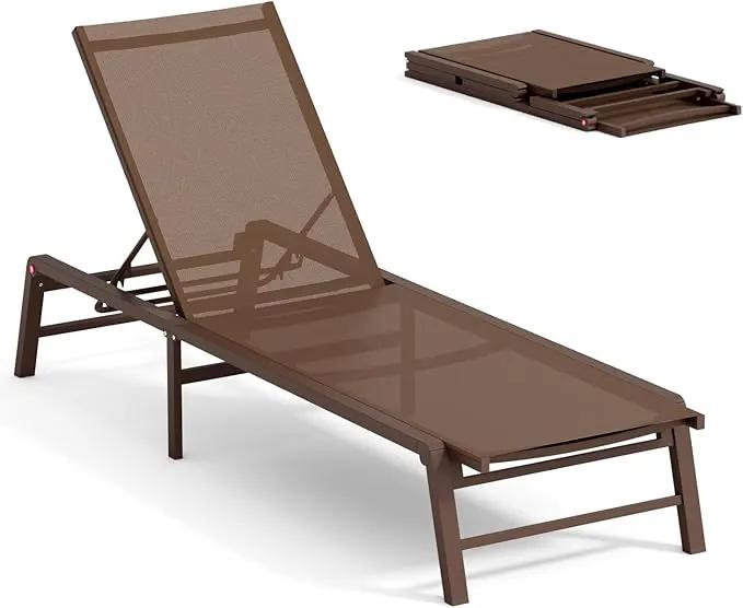 Aluminum Chaise Lounge Chair Outdoor, Foldable Patio Lounge Chair Assemble-Free, Pool Lounge Chairs with 5 Adjustable Backrest, Outdoor Lounge Chairs for Outside Poolside Beach Lawn Brown by GreenHaven Gardens