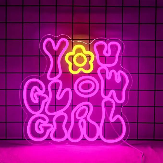 WLHOPE You Glow Girl Neon Sign Pink Led Neon Signs for Wall Decor USB Glowing Girl Neon Light Signs Man Cave Wall Art Signs for Bedroom Girls Room Bar Club Shop Office Wedding Birthday Party by GreenHaven Gardens