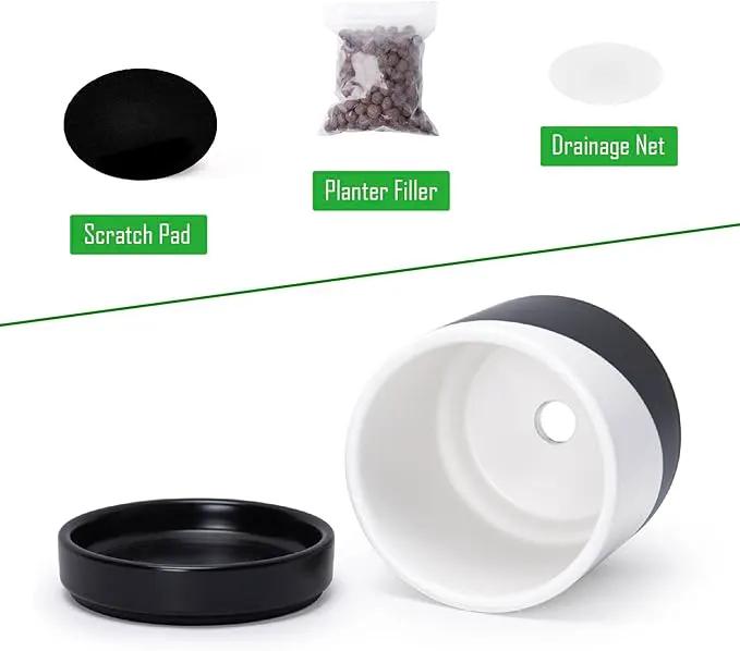 D'vine Dev 4.6 Inch Ceramic Planter Pot with Drainage Hole and Saucer, Indoor Cylinder Round Planter Pot, Oblique Monochrome Black and White, 94-O-B-K by GreenHaven Gardens