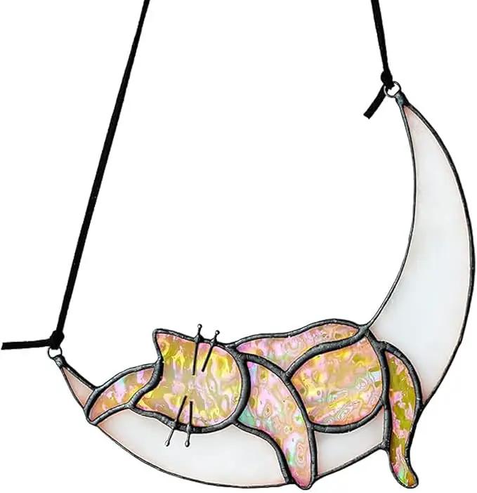 HDCRYSTALGIFTS Orange Cat On Moon Stained Glass Window Hangings,Tabby Cat Decoration suncatcher Hanging Ornament Gift for Mom,Cat Memorial Gifts for Cat Lovers, Pet Loss Sympathy Gift by GreenHaven Gardens