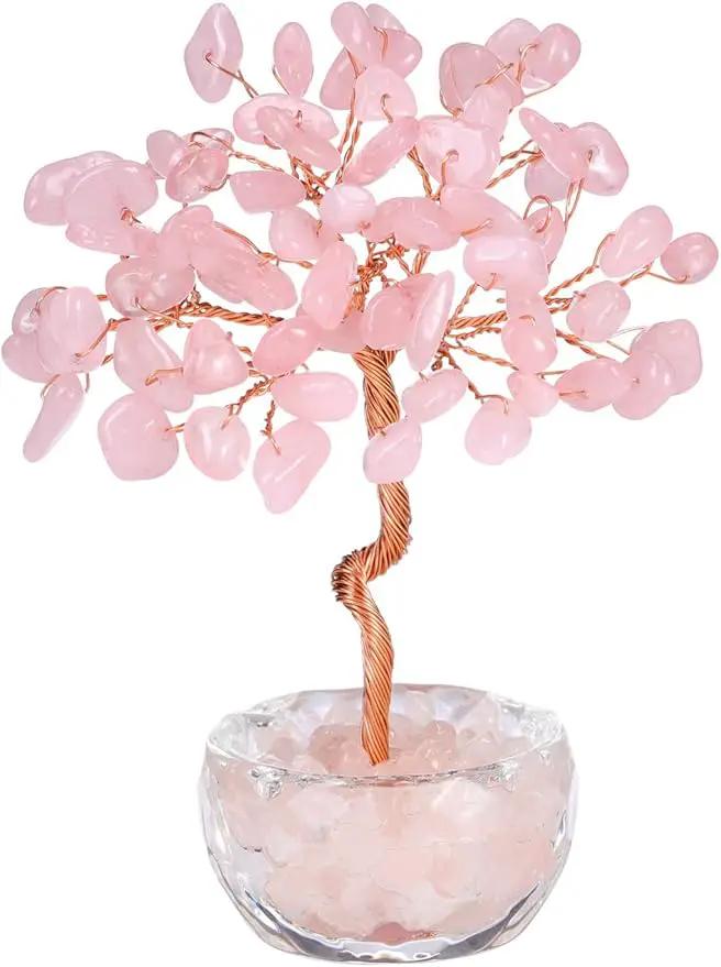 Jovivi Small Rose Quartz Crystal Tree, Natural Crystal Healing Stones Tree Glass Bowl Base Gemstone Money Trees Feng Shui Good Luck Home Desk Decor by GreenHaven Gardens