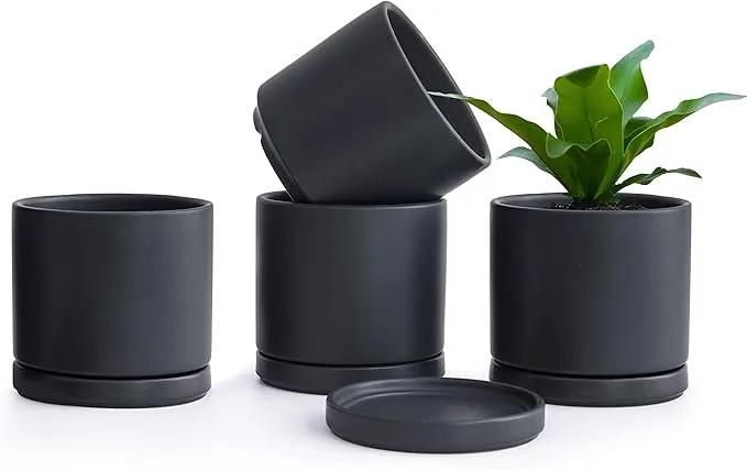 D'vine Dev Set of 4 Small Ceramic Plant Pots, 4.6 Inch Succulent Planter Pot for Plants with Drainage Hole and Saucer, Black, 94-X-B-2 by GreenHaven Gardens